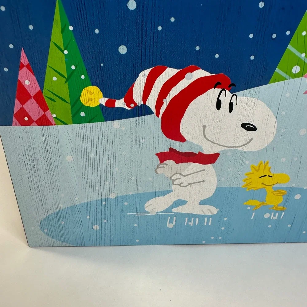 Hallmark Peanuts Snoopy Woodstock Christmas Wood Block Sign 9.5x11 Ice Skating